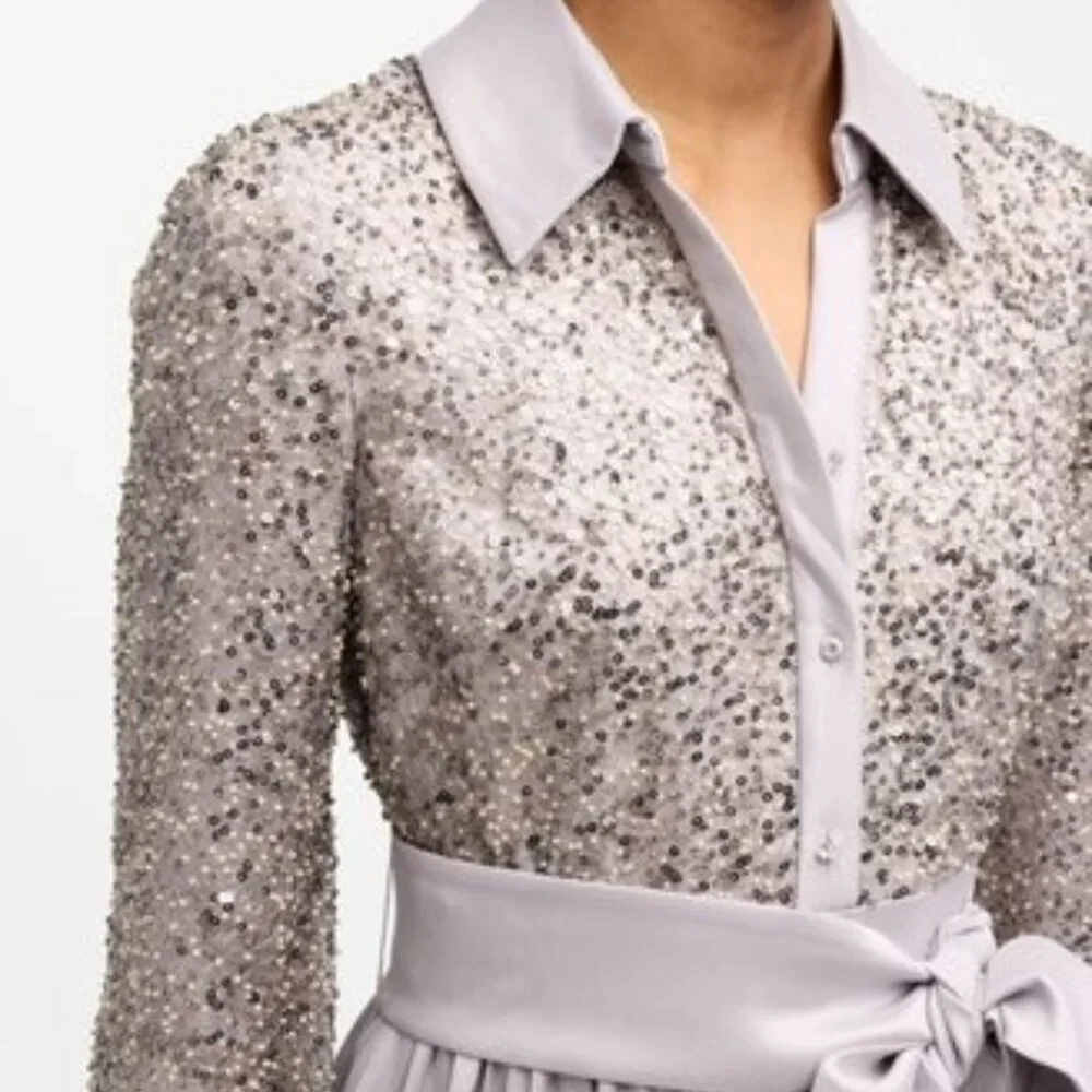 NWOT Badgley Mischka Collection Blouson Sleeve Sequin Shirt Gown
